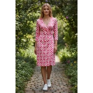 Sailor-Sailor Pink White Geometric Wrap Dress 3/4 Sleeve Small American Made